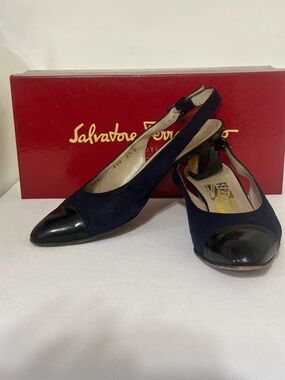 Salvatore Ferragamo Black Slingback Pumps With Black Patent Cap Toe